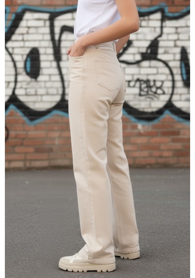 Woddi Heaven Kadın Yüksek Bel Krem Salaş Wide Leg Jeans Geniş Paça Palazzo Kot Pantolon