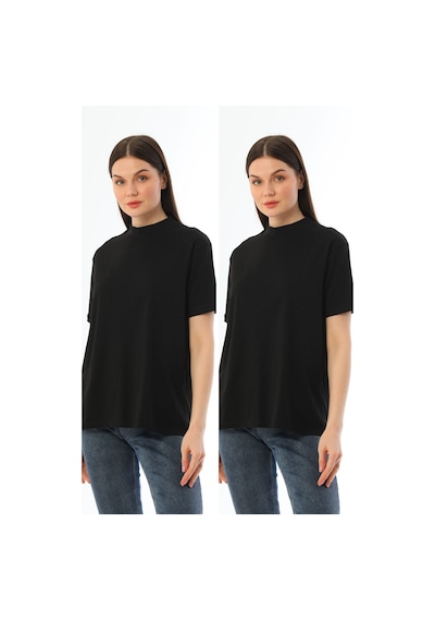 Kallima Siyah 2'Li Paket Dik Yaka Rahat Kalıp  Pamuk T-Shirt Siyah