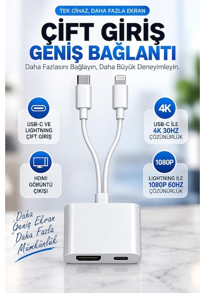 Lightning + Usb-c Hdmı Digital Av Görüntü Adaptör 4k 1080p Zr1372