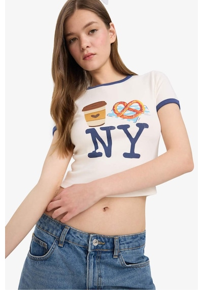 Defacto Coool Fitted Crop Bisiklet Yaka Baskılı Ribana Kısa Kollu Tişört F2785ax25smwt32 Beyaz