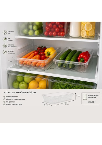 3183 2'li Şeffaf Buzdolabı İçi Düzenleyici Organizer Seti 4 Lt 20x32x7 Cm Diğer