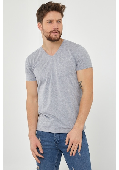 Tarz Cool Erkek V Yaka Slim Fit Likralı T-shirt Gri