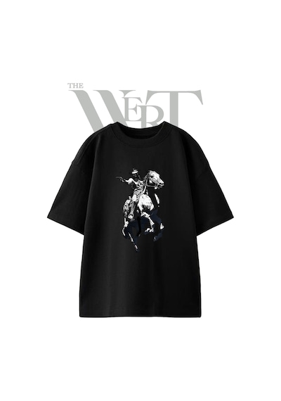 Thewert Kovboy At Tasarım Baskılı Ünisex Siyah Oversize T-shirt