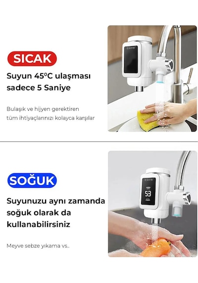 Dijital Göstergeli Elektrikli Musluk Ani Su Isıtıcı 3000w Şofben Musluk Başlığı Sıcak Soğuk Su Beyaz
