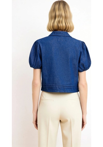 Benerly Kadın Bluz Gömlek Yaka Balon Kol Kısa Crop Boy Renk Bloklu Denim Mavi