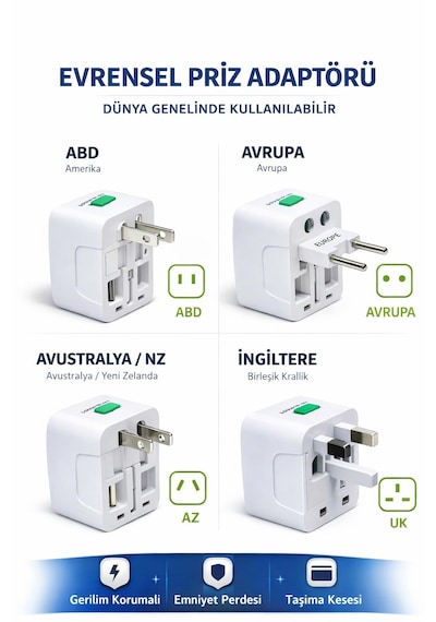 Priz Dönüştürücü Evrensel Üniversal Seyahat Adaptörü 150 Ülke Uyumlu Amerika İngiltere Avrupa Avusturalya Çin Japonya Fiş Priz Çevirici Dönüştürücü