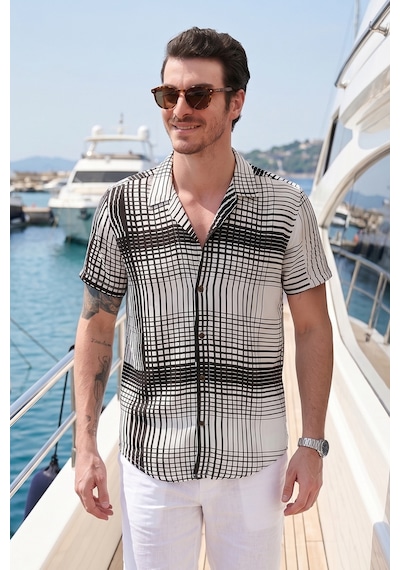 Buratti Regular Fit Kısa Kollu Apaş Yaka Desenli Erkek Gömlek Cf21S114293 Ekru-Siyah