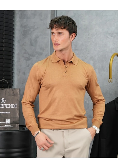 Modefendi Slimfit Kalıp Pamuk Likra Düğme Detaylı Triko Kazak Bal Rengi