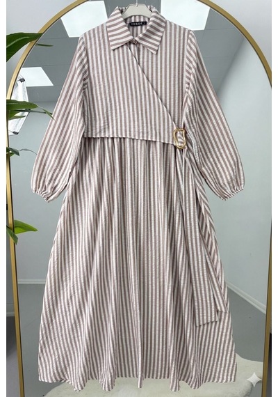 Lovie Moda Gold Toka Detaylı Çizgili Elbise Kahverengi