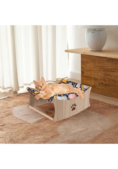 Gobypet Kedi Hamak Yatağı Ahşap Kedi Salıncağı Paspaslı Yükseltilmiş Evcil Hayvan Dinlenme Alanı Açık Gri