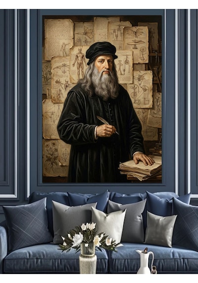 Çalışma Masasında Leonardo Da Vinci Dekoratif Kanvas - Mdf Ahşap Tablo