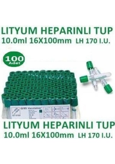 Medikaltec 100 Adet Kan Alma Tüpü, Lityum Heparinli Tüp, Yeşil Kapak 10ml 16x100mm, Bd Vacutainer Lithium Hepar