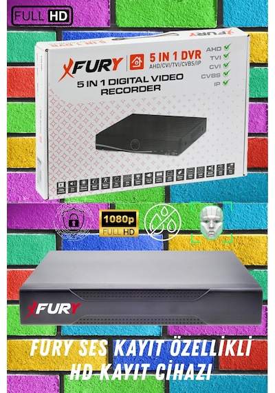 Fury 5 Kameralı 6 Warm Led Gece Renkli Görüş-cepten İzle-su Geçirmez Güvenlik Kamerası Seti 250gb