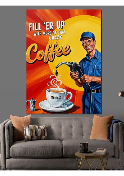 Retro Benzinci Kahve Posteri Dekoratif Kanvas - Mdf Ahşap Tablo