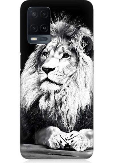 Oppo A54 Uyumlu Silikon Kılıf Siyah Beyaz Aslan