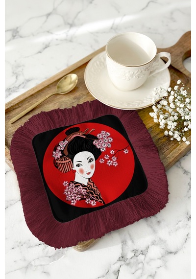 Lüks Japon Geisha Sanatı Püsküllü Sunum Peçetesi - Uzak Doğu Modern Bordo Bardak Altlığı Mendil Çok Renkli