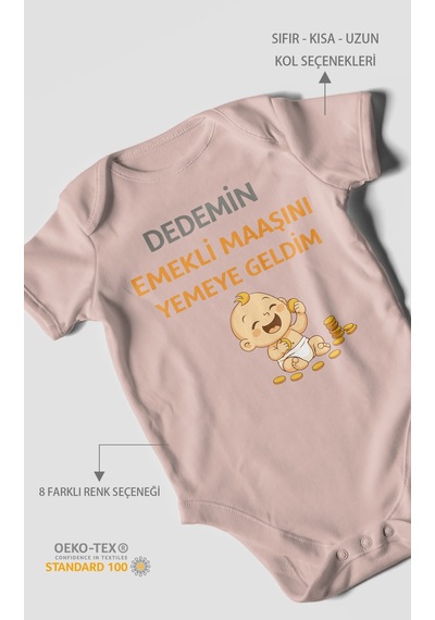 Morivokids Dedemden Kısa Kollu Bebek Body %100 Pamuk Pastel Pembe