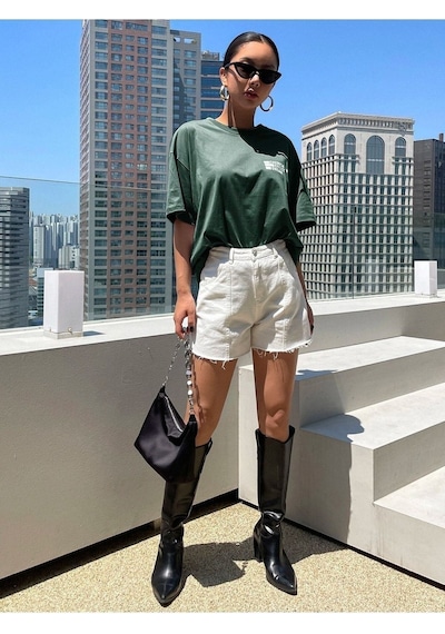 Cheerish Effect T-shirt - Yeşil Oversize Baskılı Bisiklet Yaka Yeşil