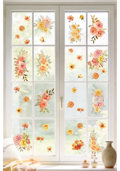 52 Parça Bahar Temalı Cam Sticker Seti Suluboya Floral Çift Taraflı Görünüm, Dekoratif Cam Sticker Dijital Baskı