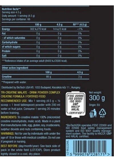 Bıotech Usa 100% Creatine Kreatin Monohydrate 500 Gram - 147 Ser