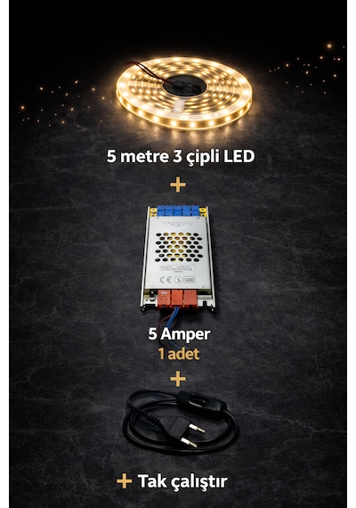 3 Çipli 5 Metre Beyaz Let + 5 Amper Trafo Set Gün Işığı