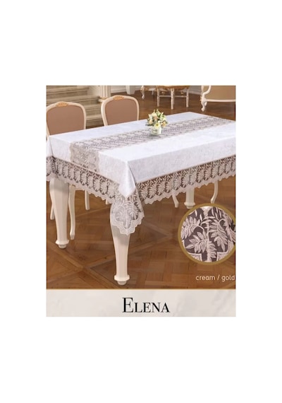 Keten İşlemeli Masa Örtüsü 160x260 Cm Dantelli Yemek Masası Örtüsü Elena Model Krem-gold Çok Renkli