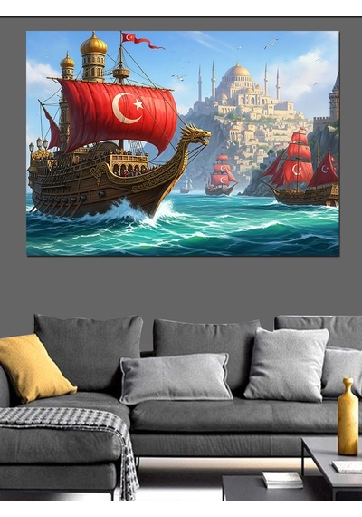 Türk Bayraklı Tarihi Gemi Dekoratif Kanvas - Mdf Ahşap Tablo
