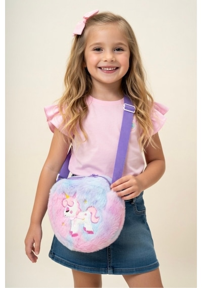 Mollycrush Kız Çocuk Mor Unicorn Nakışlı Peluş Omuz Çantası Ayarlanabilir Askılı Şirin Model Mor