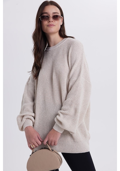Tudors Kadın Oversize Geniş Kesim Örme Detaylı Bisiklet Yaka Bej Kazak-41716 Bej