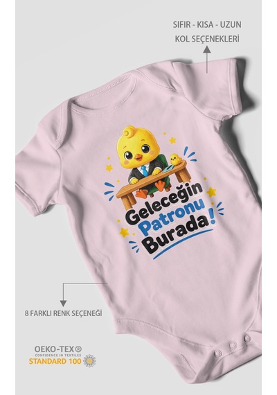Morivokids Geleceğin Patronu Burada Kısa Kollu Bebek Body %100 Pamuk Bebe Pembe