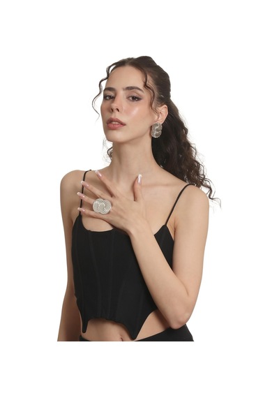 Kadın Lak Gümüş Renk Kaplama Çivili Model Spiral Baskılı Tasarım Küpe &yüzük Set Gümüş