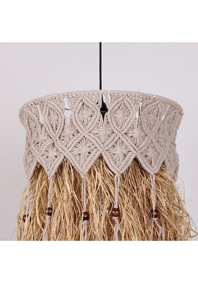 Bohem Etnik Doğal Hasır Doğal Rafya Bambu & Rattan Handmade Dekoratif Sarkıt Saçaklı Avize 40x75cm-9002824388266 Bej