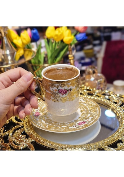 Elta Collection Victoria 24k Altın İşlemeli 6 Kişilik Porselen Kahve Fincan Takımı Altın
