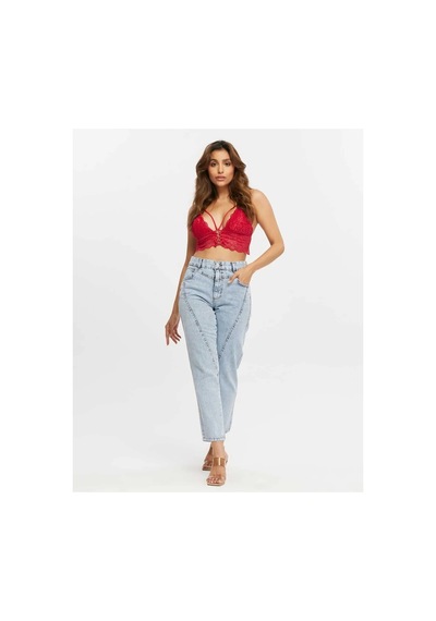 Kene Jeans Yüksek Bel Ön Conta Çımalı Mom Kot Jeans Buz Kar