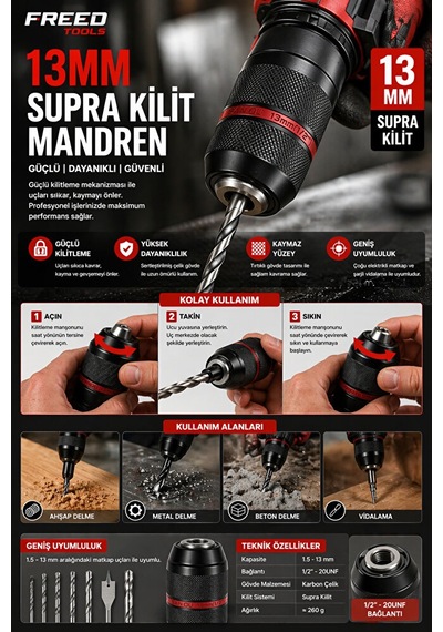 Metal Mandren 1 Adet 13 Mm Tüm Matkaplarda Kullanım