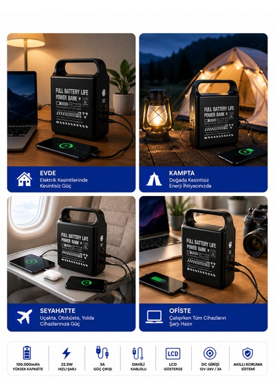 100000mah Powerbank 22.5w Hızlı Şarj Dahili Kablolu Lcd Ekranlı Led Fenerli 3a Taşınabilir Güç İstasyonu siyah