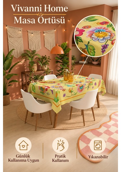 Vivanni Home Yıkanabilir Dikdörtgen Masa Örtüsü Günlük Kullanıma Uygun Pratik Ve Uzun Ömürlü Çiçekli Sarı