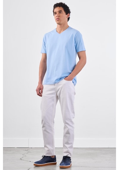 Dufy Açık Mavi V Yaka Pamuklu Düz Renk Slim Fit Erkek T-shirt Mavi