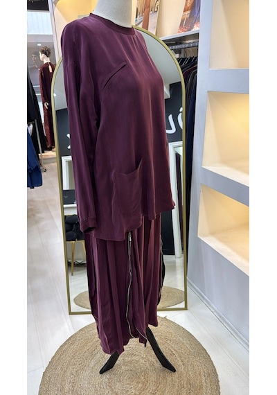 Misswhence İçi Pantolonlu Cupra İpek Tunik Şalvar Takım 39004 Bordo Bordo