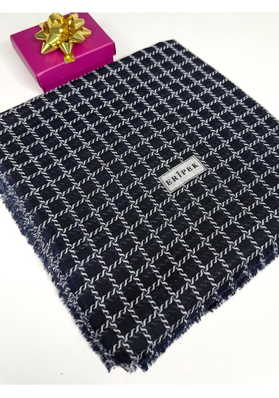 Eripek Desenli Flamalı Keten Eşarp- 06112 Lacivert-Beyaz