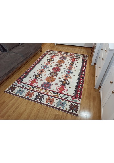 Krem Ve Çok Renkli Geometrik Desenli Halı - 12479ou Krem - Bordo
