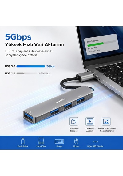 S-link Sw-u333 Usb Hub 4 Port Metal Usb Çoklayıcı, 1x Usb 3.0 + 3x Usb 2.0, 5gbps Hızlı Veri Aktarımı, Slim Alüminyum Tasarım, Tak Çalıştır Usb Çoğaltıcı Hub, Laptop Pc Uyumlu