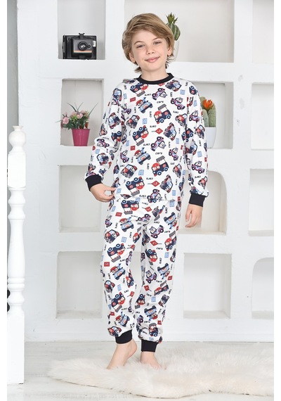Modanino Erkek Çocuk Klasik Araba Baskılı Pijama Takımı 4-7 Yaş 12292 Beyaz