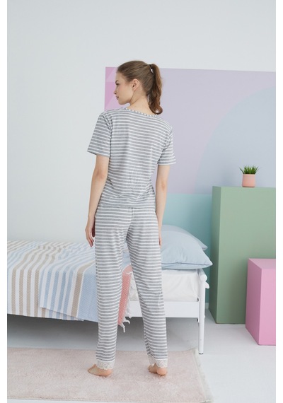 Siyah İnci Pamuklu Örme Pijama Takım 24113126 Gri