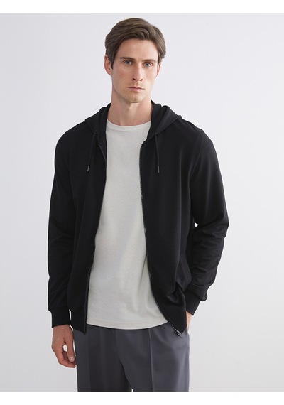Lcwaıkıkı Basic Siyah Kapüşonlu Basic Erkek Fermuarlı Sweatshirt