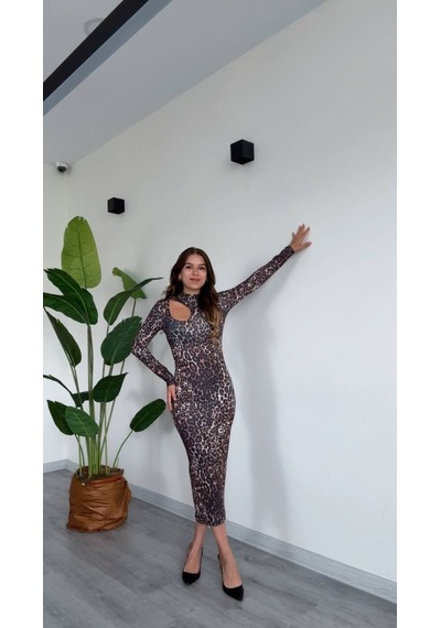 Şamdan Kadın Leopar Desenli Uzun Kollu Cut-out Elbise - Leopar