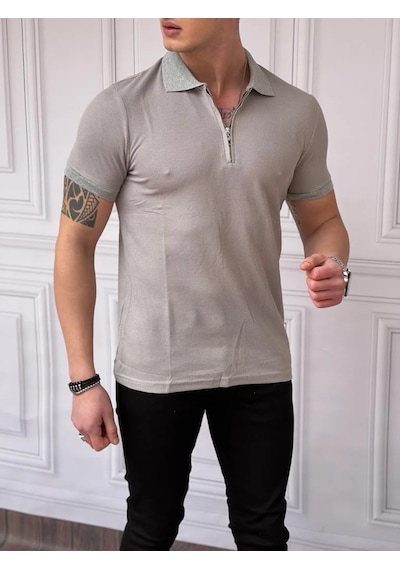 Modefendi Slim Fit Örme Kumaş Fermuar Detaylı Polo Yaka Tshırt Gri