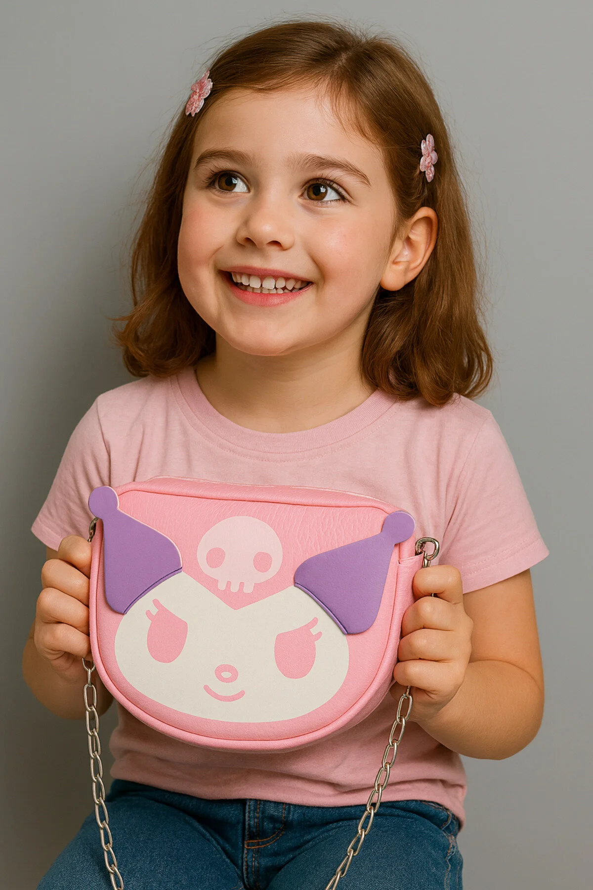 Kuromi Peluş Oyuncak 40cm+ Deri Çanta Hediyelik Set Pembe