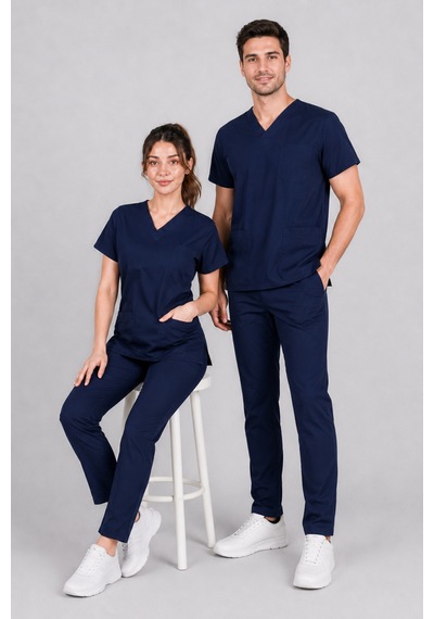 Üniforma Lacivert Hemşire Ve Doktor Forması Scrubs Takımı Likralı Alt Üst Üniforma Unisex Yarasa Kol