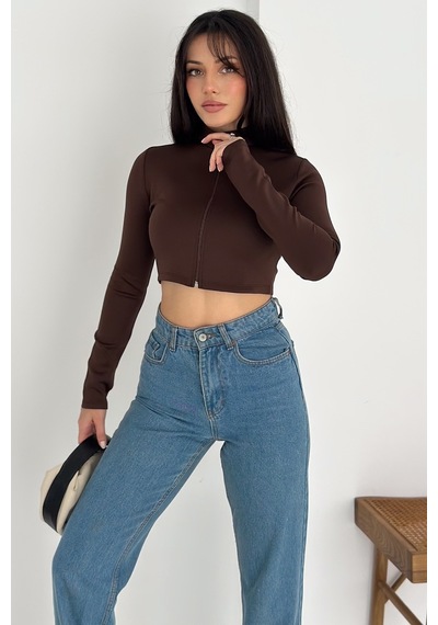 Kadın Fermuarlı Crop Ceket Dinamik & Modern Stil Kahverengi